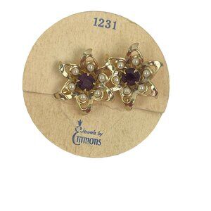 Vintage Emmons Gold Tone Floral Clip-On Earrings With Faux Pearls and Ruby Rhine
